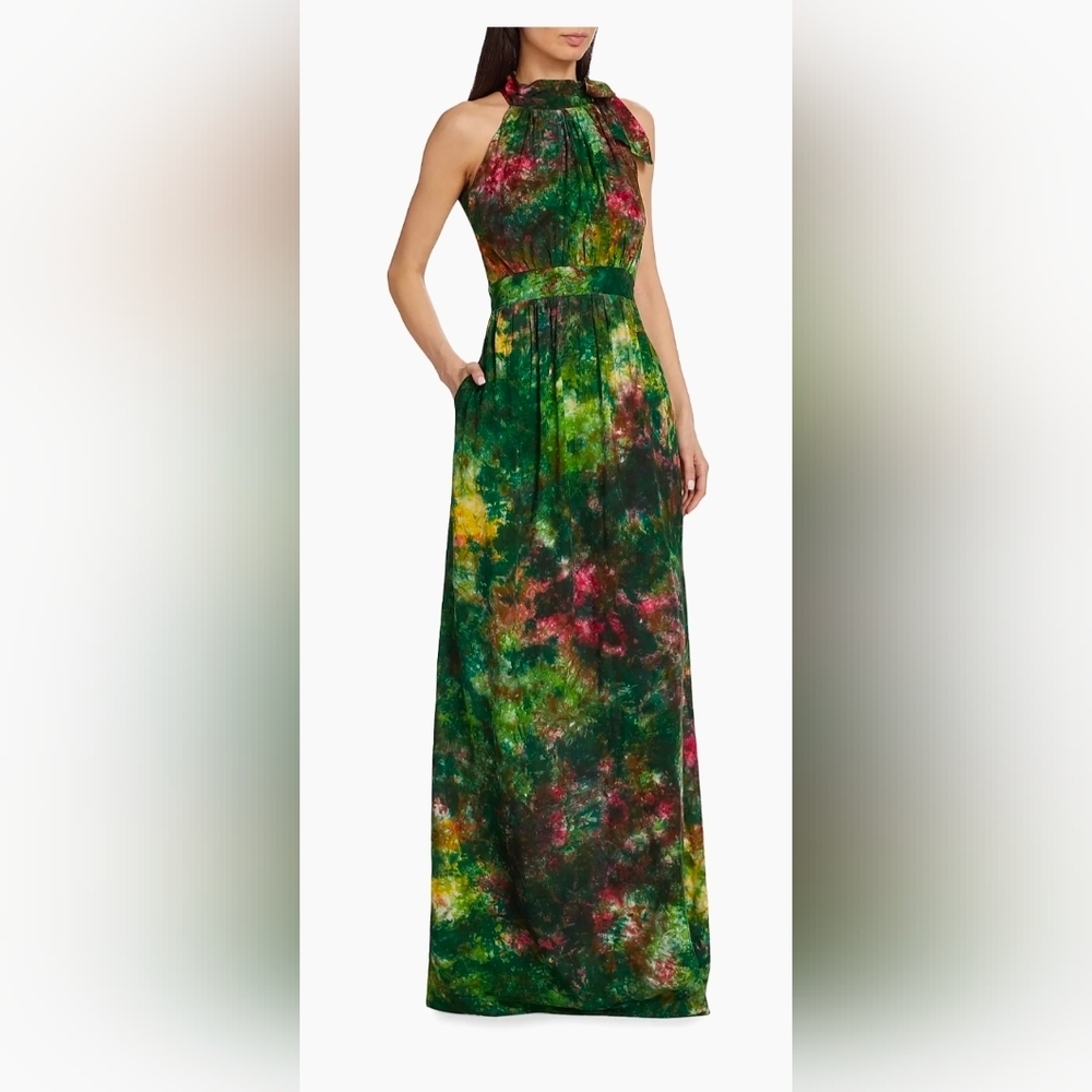 NWT Busayo Jummy Tie-Neck Watercolor Green Multicolor Gown - Sz L